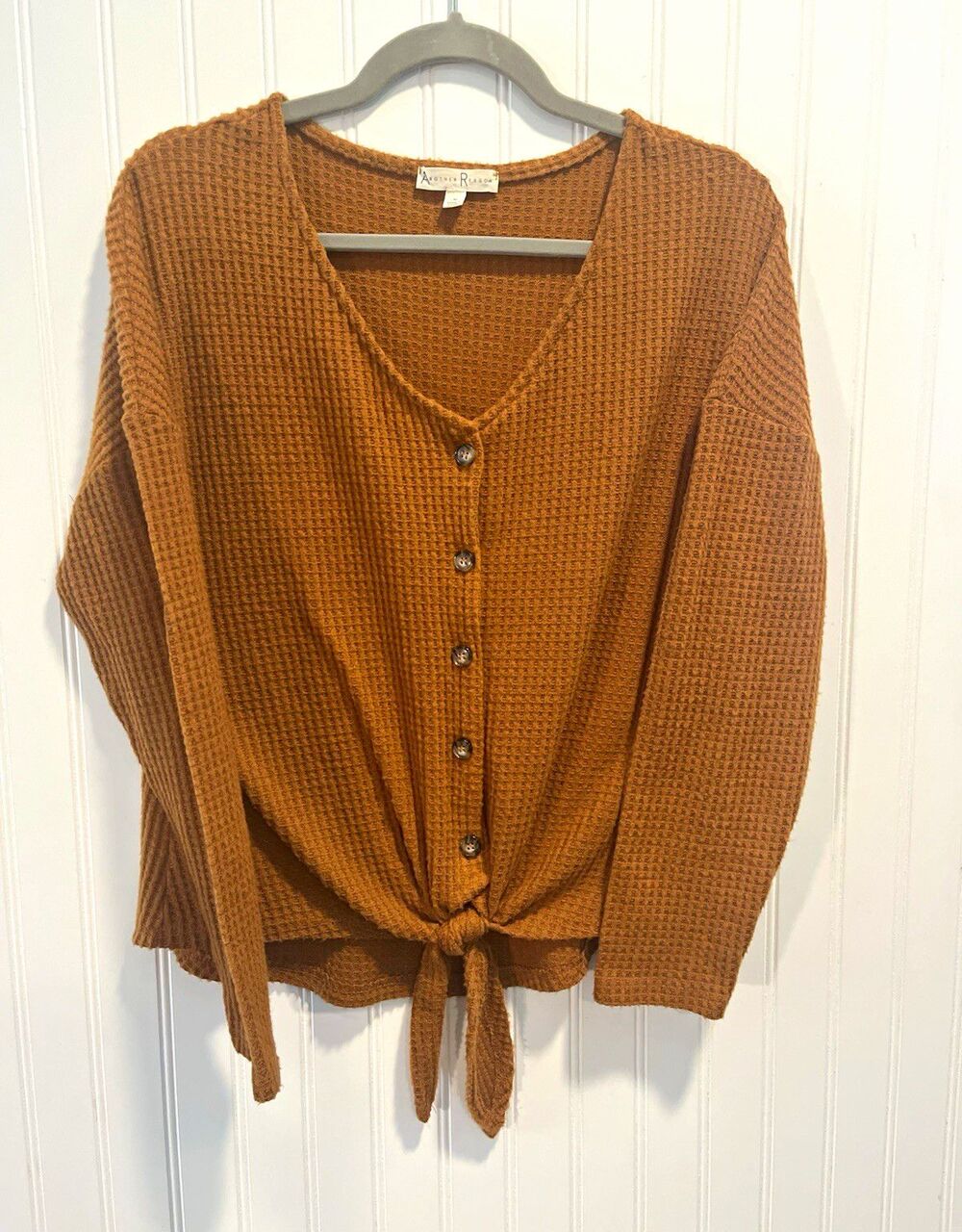 Another Reason Women’s Burnt Orange Waffle Knit Button Up Tie Hem Cardigan Med